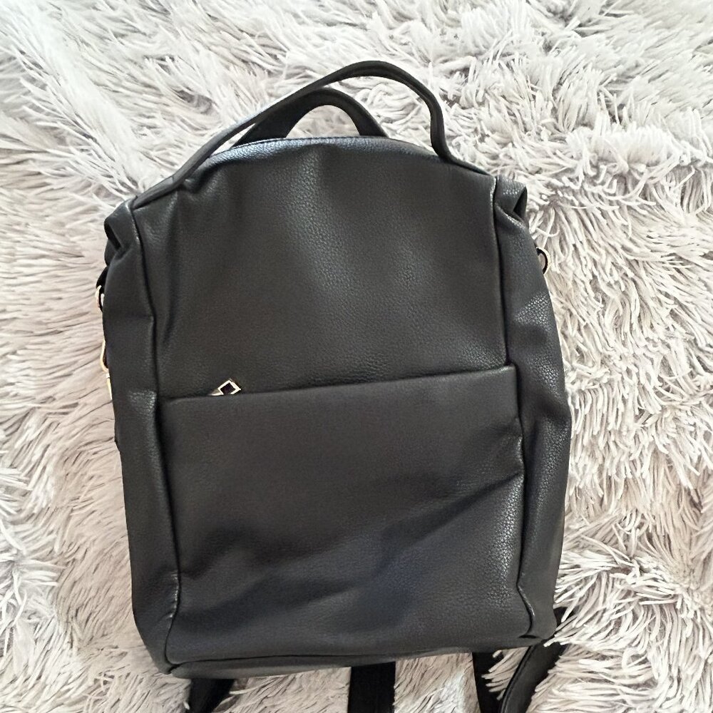 A New Day Black Faux Leather Backpack, Minimalist Everyday Bag, Gold Hardware